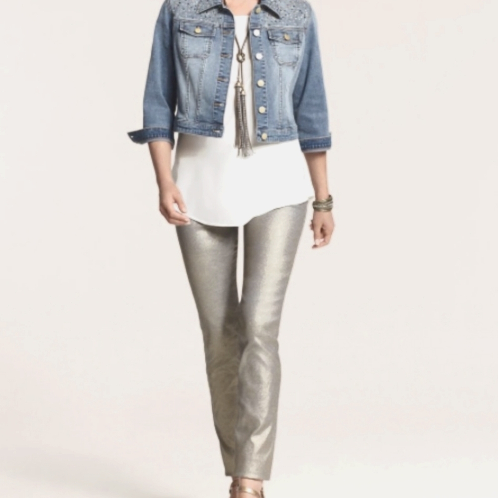 NWT CHICO'S Platinum Silver Metallic Glitter Straight Leg Jeans Size 2 (12)
